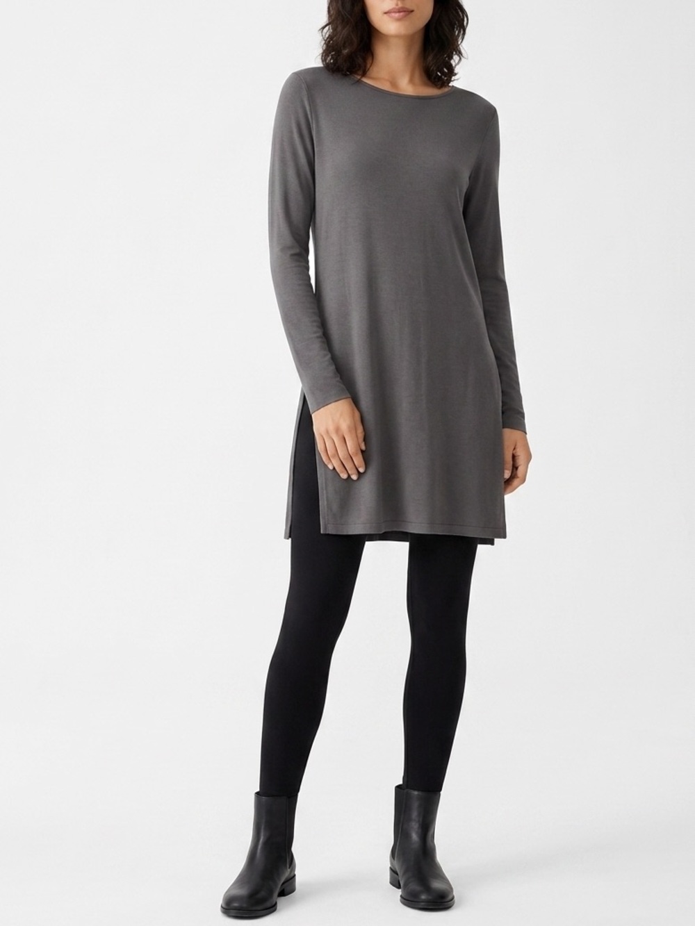 Eileen Fisher Tencel Lyocell Fine Knit Long-Sleeve Tunic Top High Side Slits